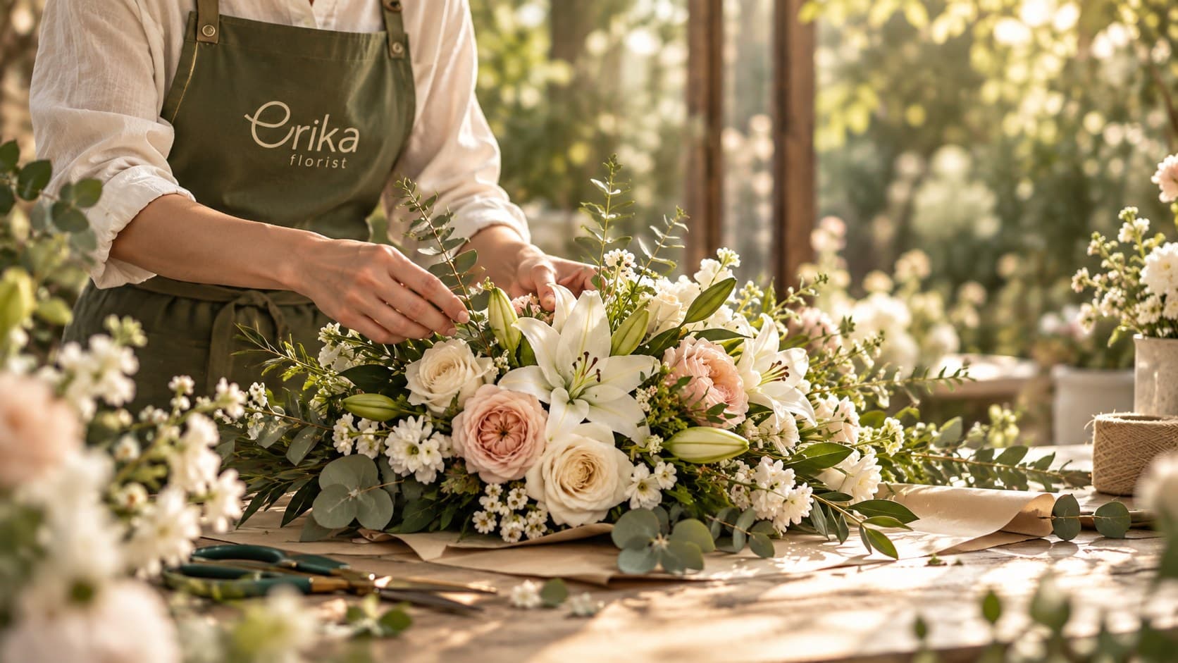 گلآرای اریکا در حال طراحی دسته گل